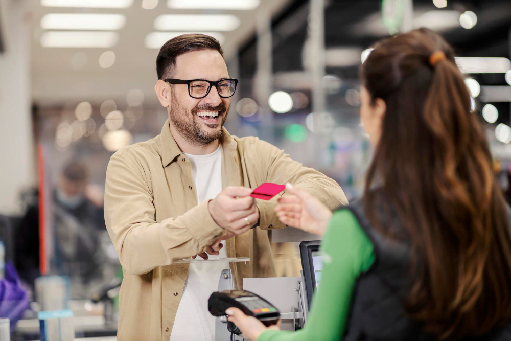 happy-man-giving-credit-card-cashier-supermarket-paying-check