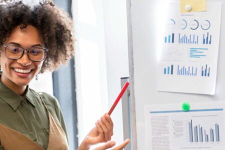 Mulher sorrindo explicando graficos em quadro branco