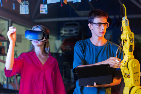 Mulher de roupa rosa utilizando óculos de realidade virtual e homem de roupa azul manuseando tablet e braço mecânico