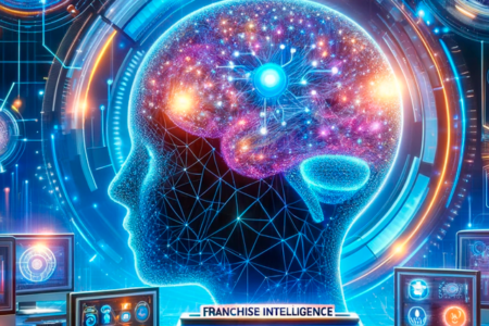 capa A imagem incorpora elementos como redes digitais um cérebro de IA símbolos de negócios de franquia e interfaces de tecnologia avançada refletindo inovação e competitividade no mercado