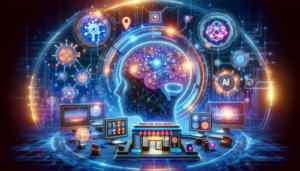 A imagem incorpora elementos como redes digitais um cérebro de IA símbolos de negócios de franquia e interfaces de tecnologia avançada refletindo inovação e competitividade no mercado