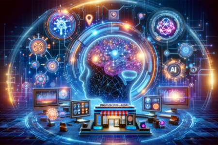 A imagem incorpora elementos como redes digitais um cérebro de IA símbolos de negócios de franquia e interfaces de tecnologia avançada refletindo inovação e competitividade no mercado