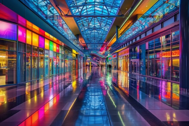 Interior de um shopping com lojas de diversas cores