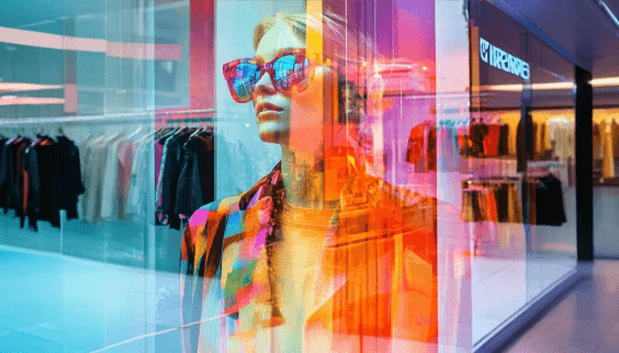 Mulher de óculos escuros com elementos coloridos, olhando apra frente, de costas para uma loja de esquina de shopping