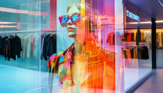 Mulher de óculos escuros com elementos coloridos, olhando apra frente, de costas para uma loja de esquina de shopping