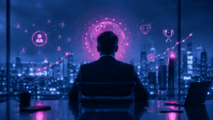 Executivo de costas em sala à noite com globo digital, gráficos de crescimento e ícones de rede, representando a autoridade digital do CEO no valuation
