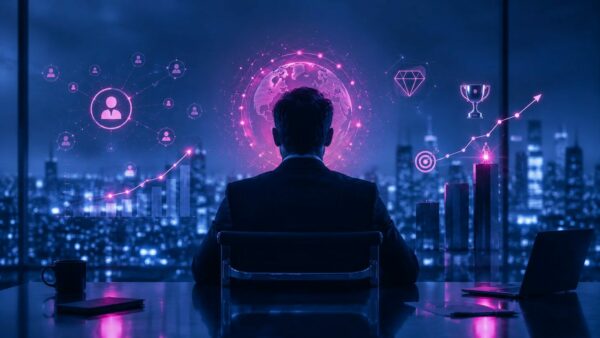 Executivo de costas em sala à noite com globo digital, gráficos de crescimento e ícones de rede, representando a autoridade digital do CEO no valuation