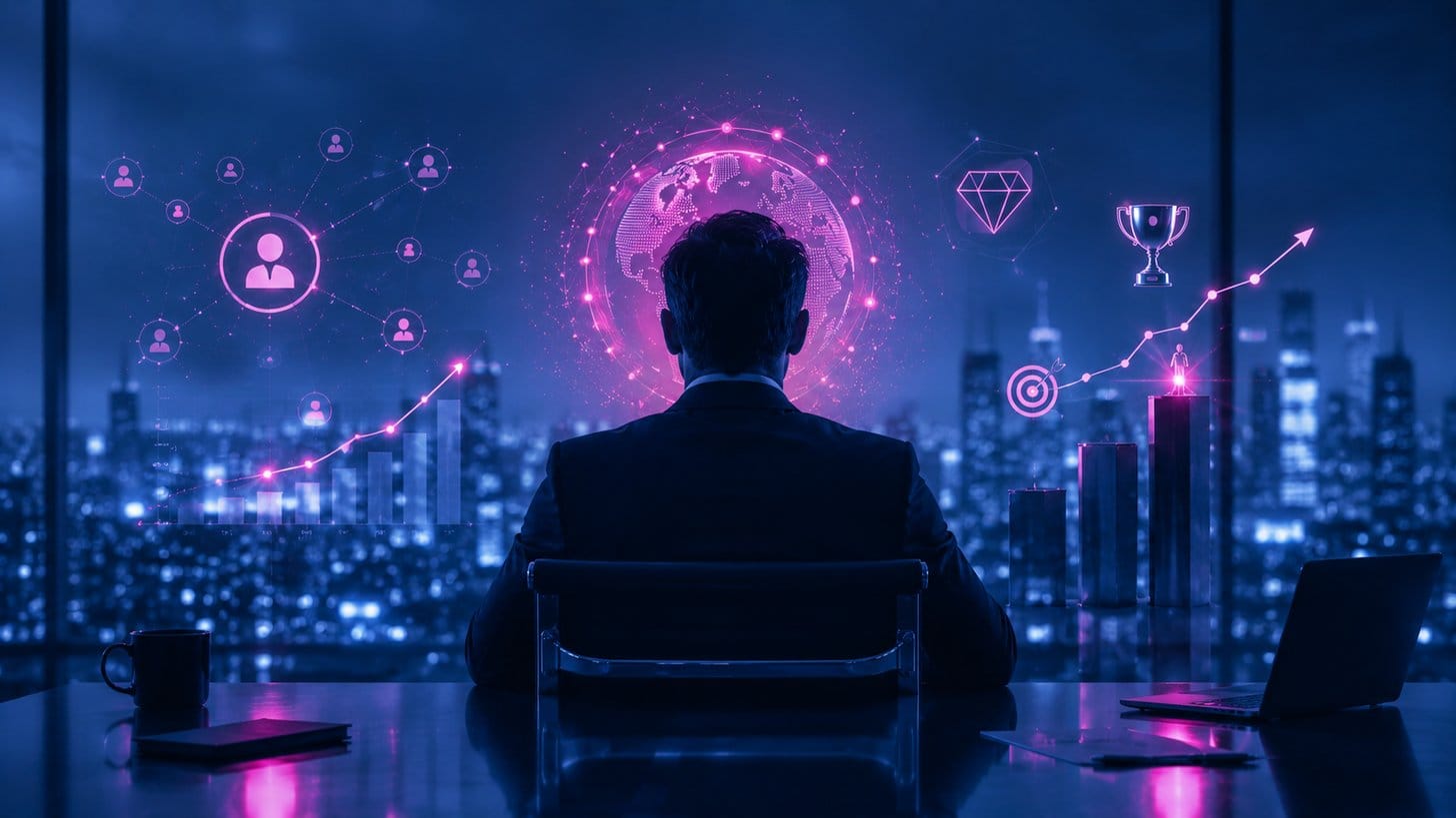 Executivo de costas em sala à noite com globo digital, gráficos de crescimento e ícones de rede, representando a autoridade digital do CEO no valuation