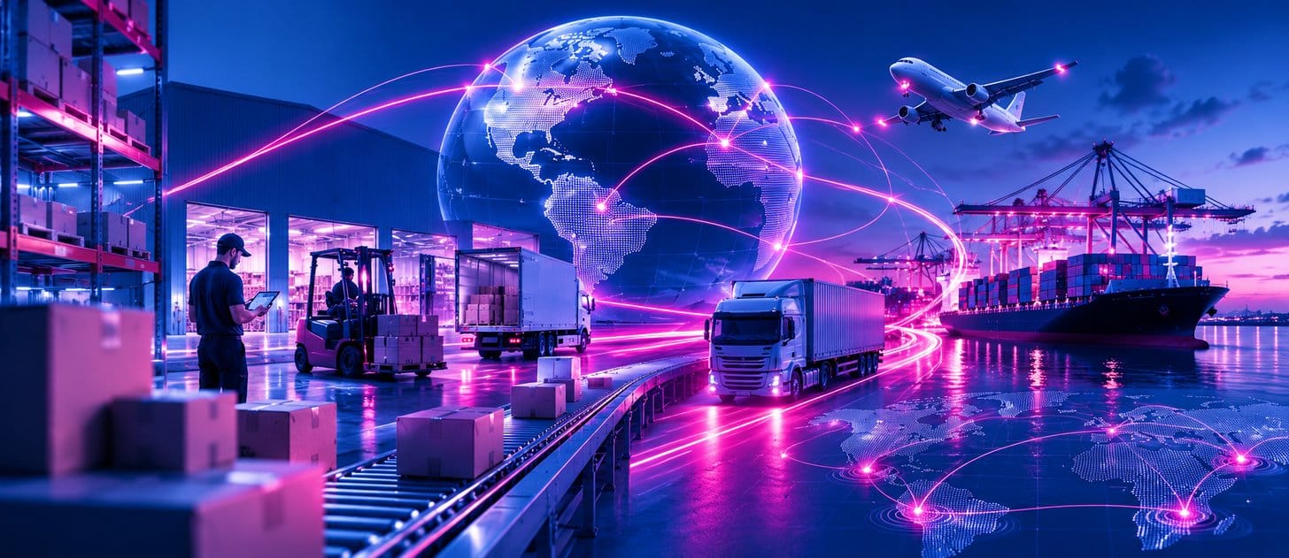Operação industrial e logística de supply chain conectada a uma rede de lojas, ilustrando a cadeia de abastecimento como motor do franchising chinês