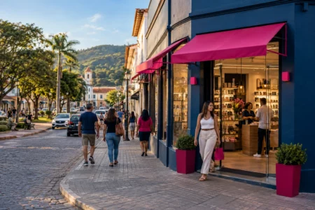 Loja com fachada azul e toldos rosa em rua comercial de cidade do interior, com pedestres e clientes.