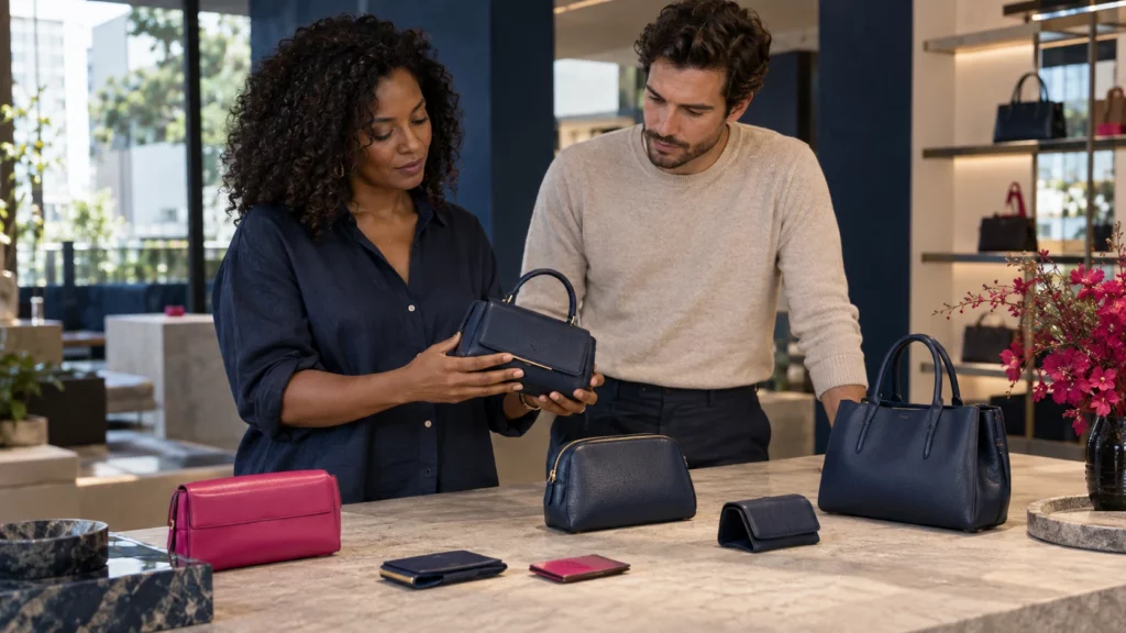 Duas pessoas observam uma bolsa azul-marinho em loja com bolsas e acessórios em azul e rosa expostos sobre uma bancada.