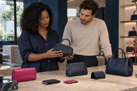 Duas pessoas observam uma bolsa azul-marinho em loja com bolsas e acessórios em azul e rosa expostos sobre uma bancada.