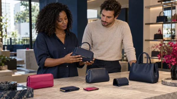 Duas pessoas observam uma bolsa azul-marinho em loja com bolsas e acessórios em azul e rosa expostos sobre uma bancada.