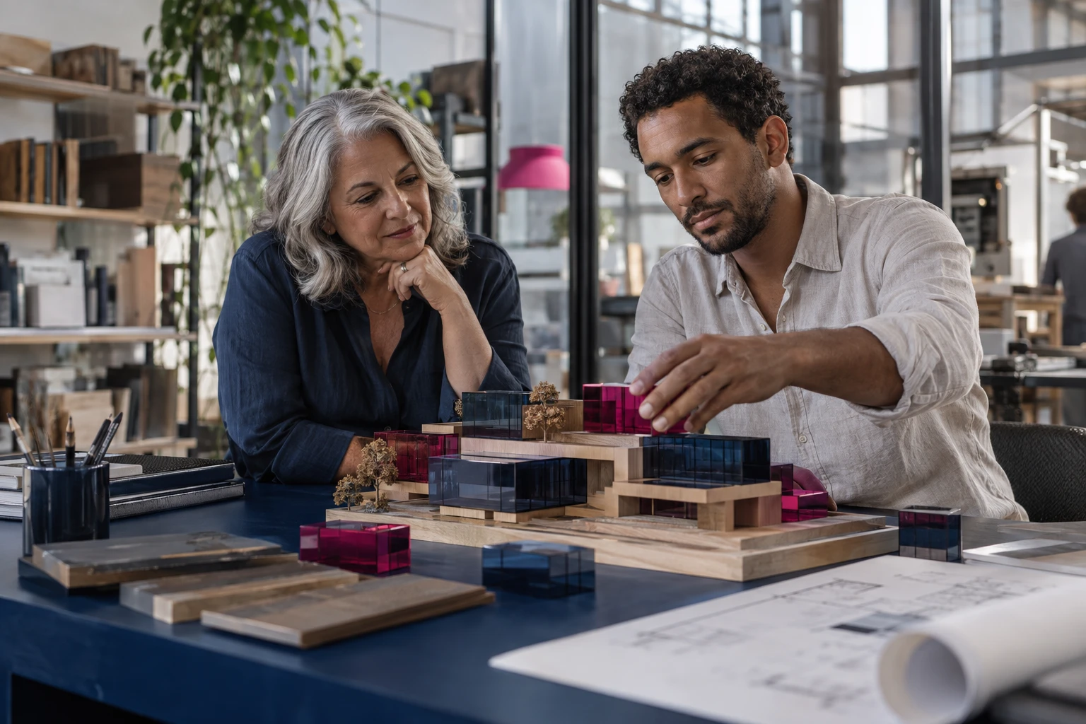 Mulher mais velha e homem jovem reorganizam uma maquete, em cena que representa a sucessão em empresa familiar.