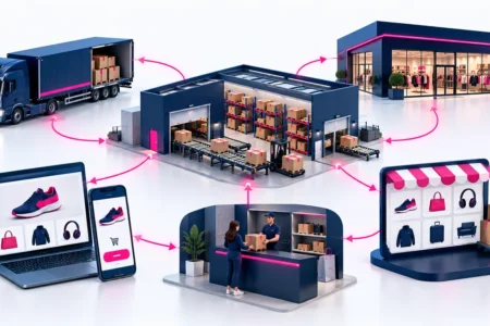 Ilustração de canais de distribuição integrados: centro de distribuição conectado a loja física, e-commerce, aplicativo, marketplace, ponto de retirada e transporte