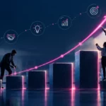 Profissionais montam blocos crescentes sob uma seta ascendente, com ícones de equipe, parceria, ideia, resultado e meta, representando o crescimento orgânico construído pela empresa.