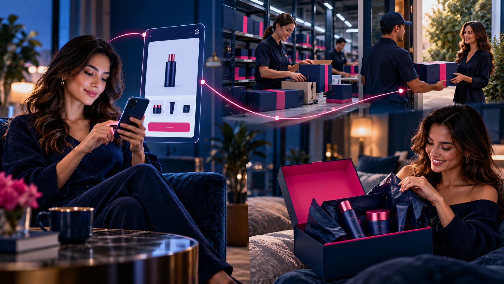 Jornada de compra direct to consumer: pedido pelo celular, logistica de entrega e recebimento pelo consumidor final
