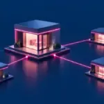 Edifício central conectado por linhas de luz a três unidades menores, representando a franqueadora e sua rede de franqueados
