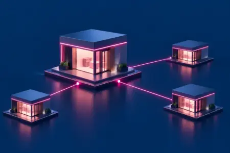 Edifício central conectado por linhas de luz a três unidades menores, representando a franqueadora e sua rede de franqueados