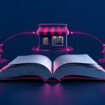 Livro aberto com três lojas franqueadas conectadas por linhas, representando o glossário do franchising