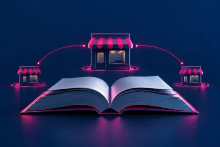 Livro aberto com três lojas franqueadas conectadas por linhas, representando o glossário do franchising