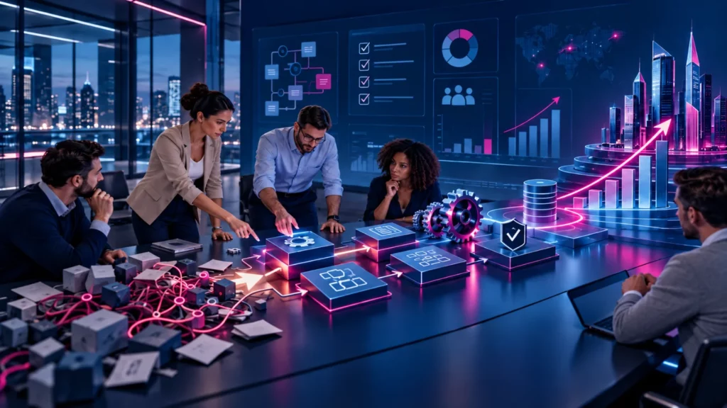 Equipe de gestão organiza processos, indicadores e alçadas de decisão, transformando operação dispersa em estrutura compartilhada