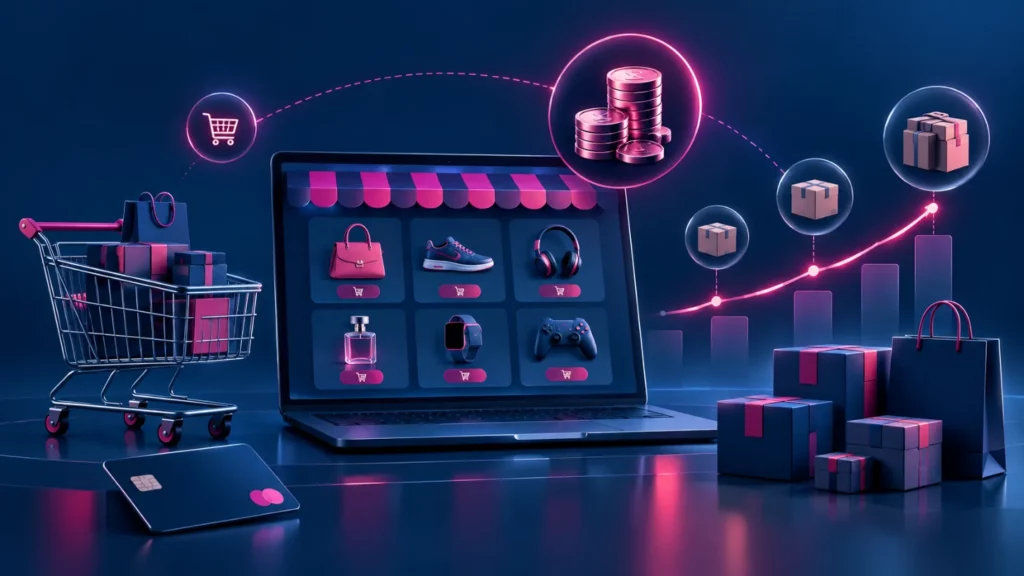 Notebook com vitrine de loja virtual, carrinho de compras, cartão, moedas e caixas de entrega ligados por uma linha de pedidos, representando o ticket médio no e-commerce.