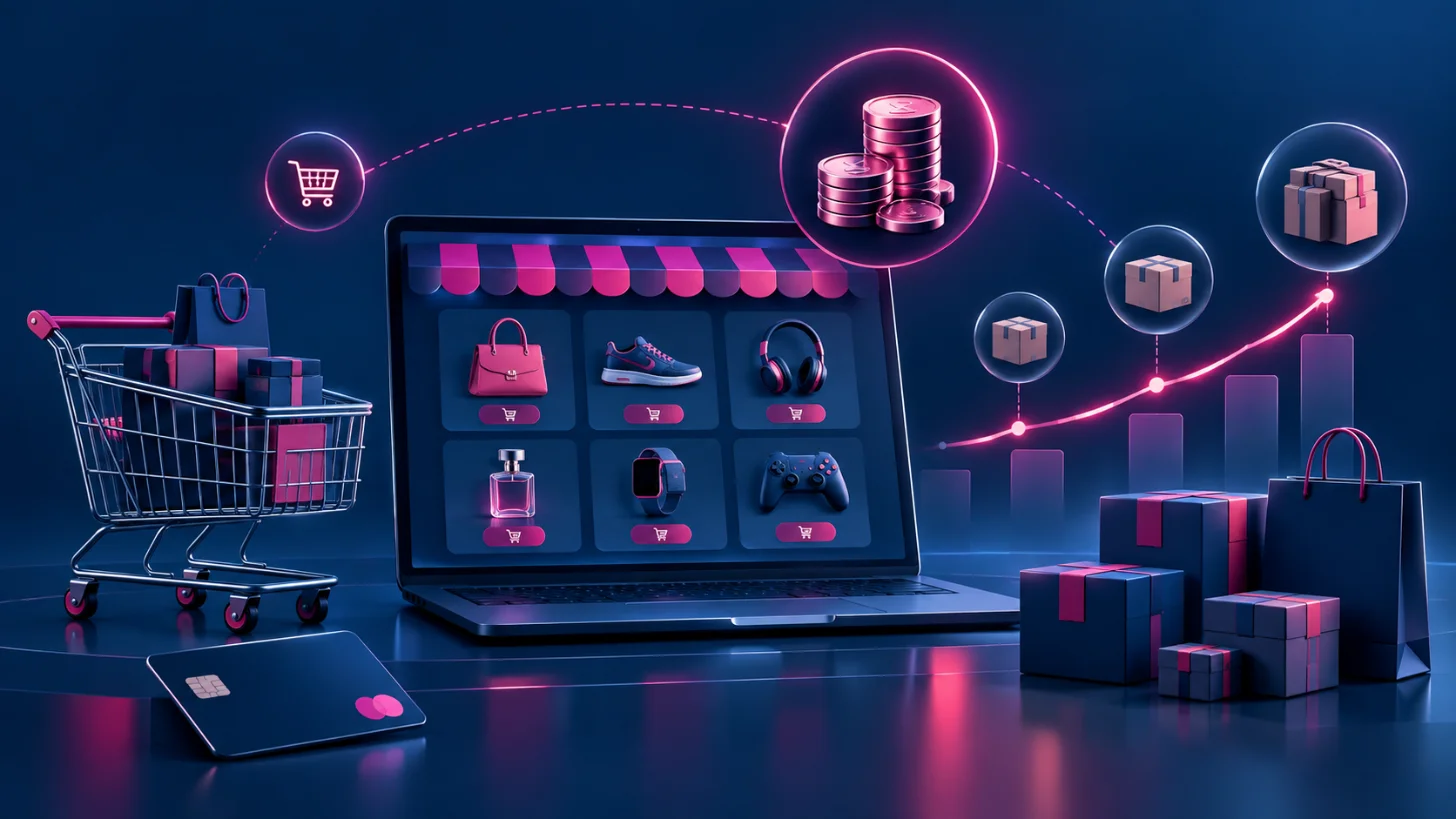 Notebook com vitrine de loja virtual, carrinho de compras, cartão, moedas e caixas de entrega ligados por uma linha de pedidos, representando o ticket médio no e-commerce.