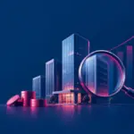 Edifícios corporativos sob uma lupa, com moedas e gráfico de barras em crescimento, representando a avaliação de uma empresa franqueadora